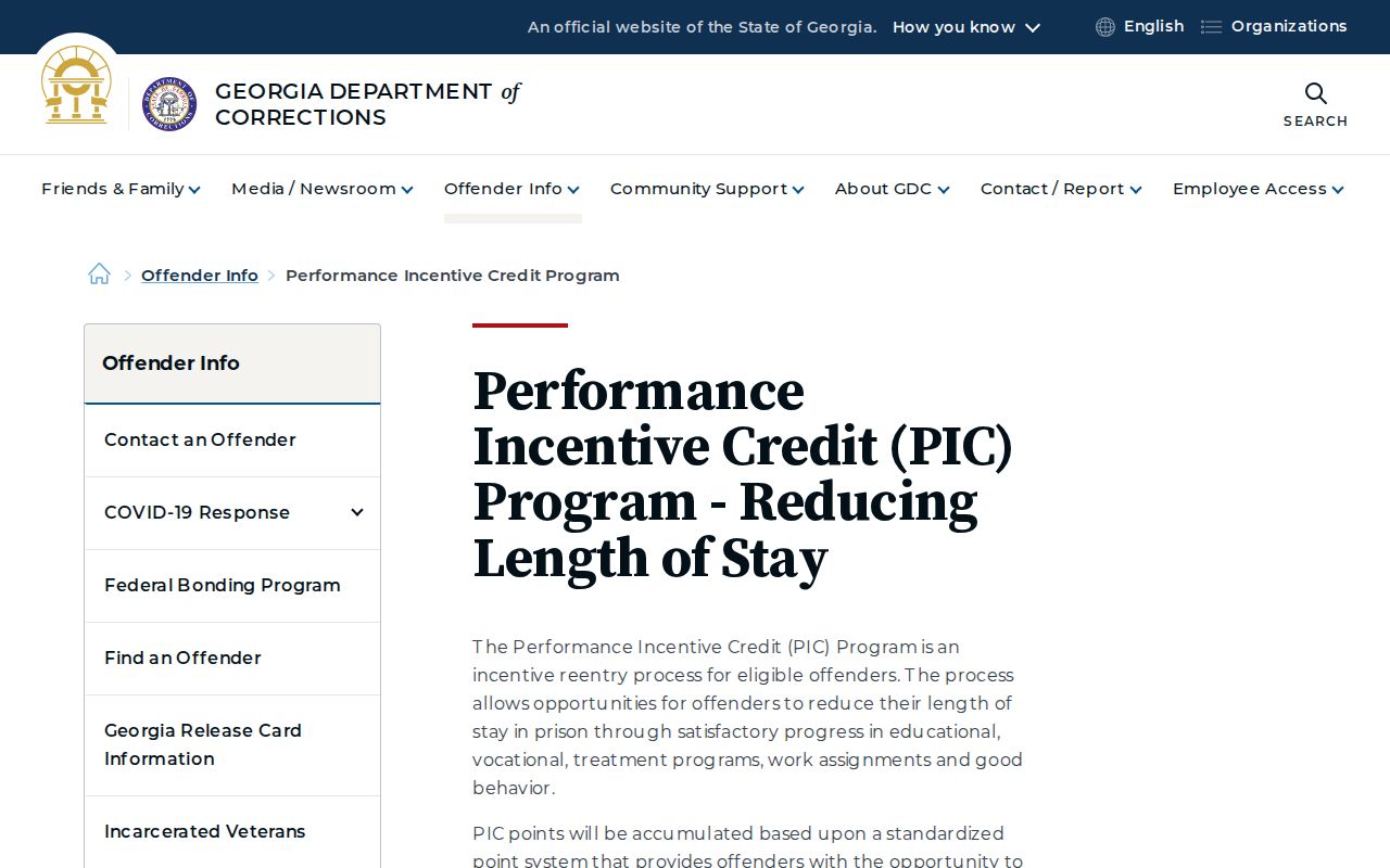 Georgia Department of Corrections Performance Incentive Credit information